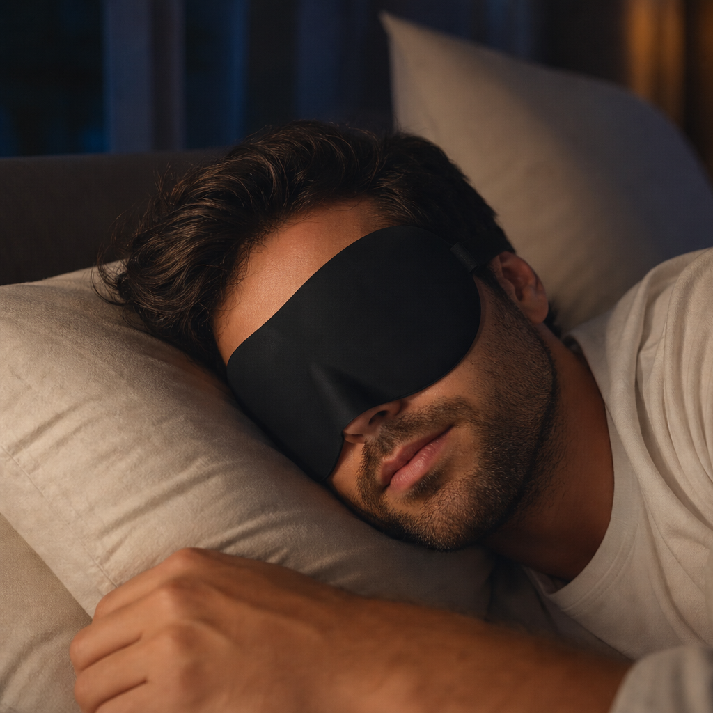 Homme dormant paisiblement avec son masque de nuit Eclipse