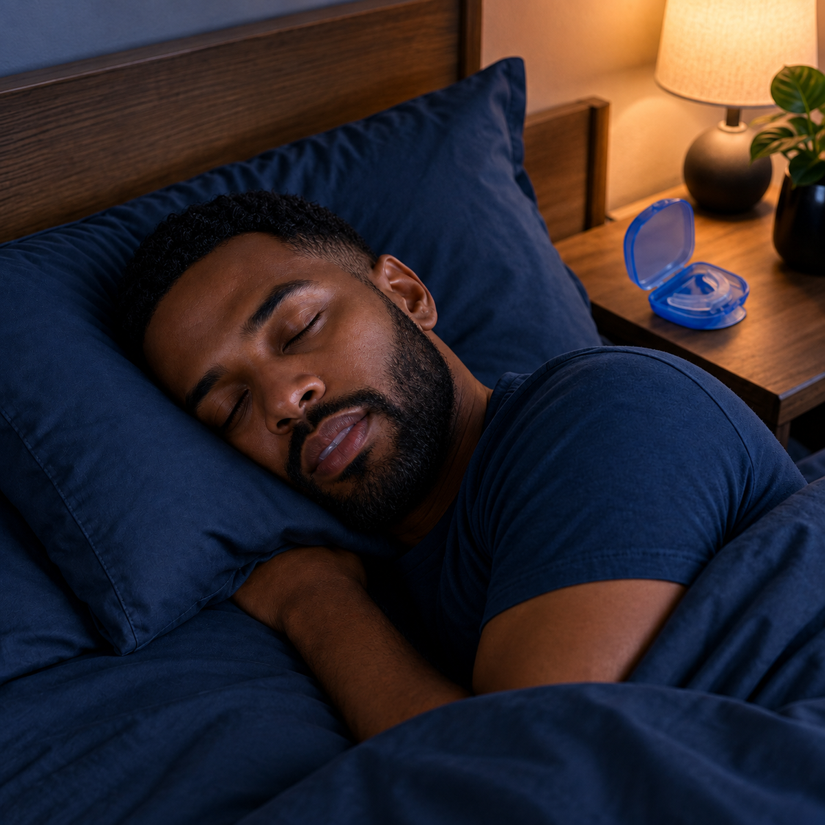Homme dormant paisiblement avec sa gouttière anti ronflement Respiro