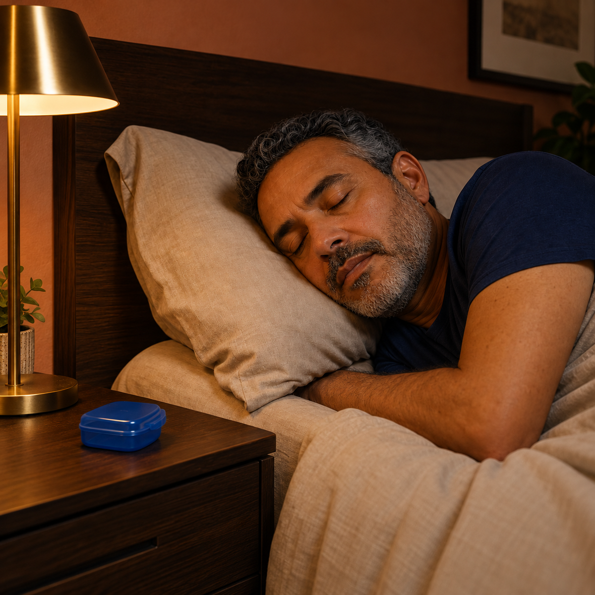 Homme dormant paisiblement avec sa gouttière anti ronflement Respiro