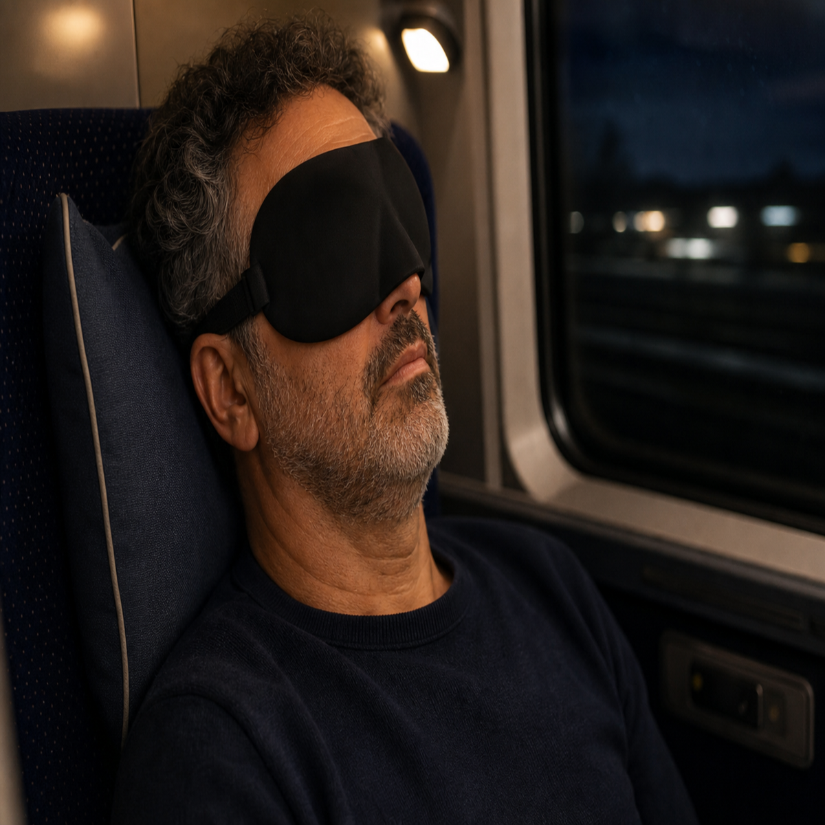 Personne dormant paisiblement dans les transports avec le masque sommeil Eclipse
