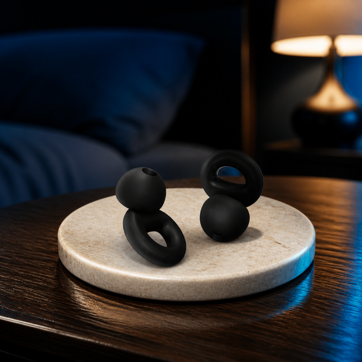 Bouchons d’oreilles en silicone souple Silens posés sur une table de nuit
